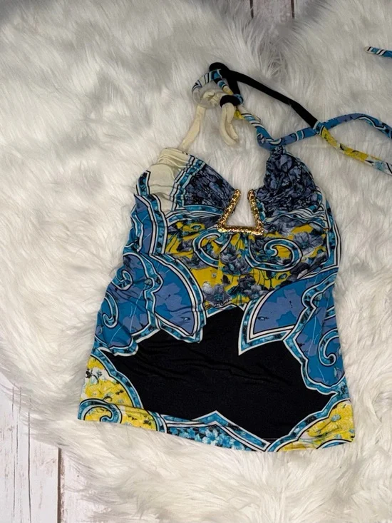 Vintage Roberto Cavalli Multicolor Print Stretch Knit Halter Neck Top Medium - Picture 2 of 5